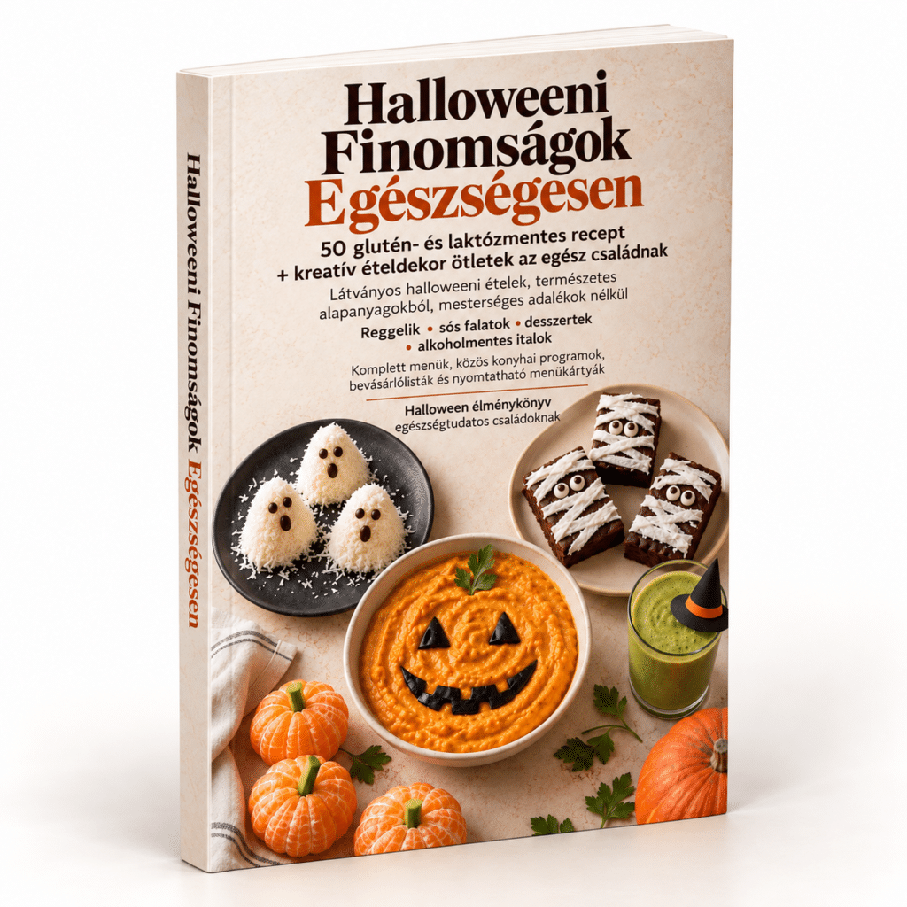 Halloweeni finomságok egészségesen – 50 glutén- és laktózmentes recept e-book borítója.
